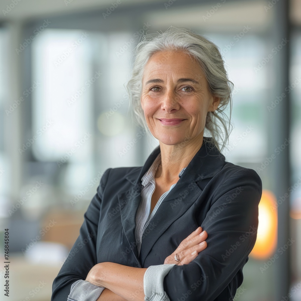 Portrait of a European woman businesswoman 50-60 years old against the background of the office Portrait of a European woman businesswoman 50-60 years old against the background of the office