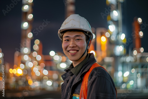 Smiling young male industrial worker with safety helmet at industrial site © wazamai