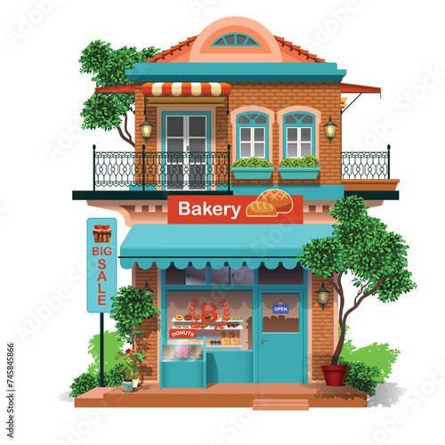 A bakery illustration with a cartoon style, stacking store, donut display case, and many more breads in the display.