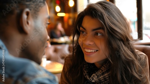 Beautiful diverse couple in love young african american man and brunette indian or latino woman smiling at each other with toothy smile sitting in romantic Paris cafe