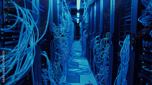 Server rooms with tangled LAN cables