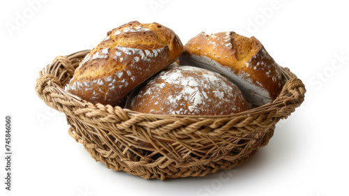 Basket of freshly baked bread isolated on white background with clipping path