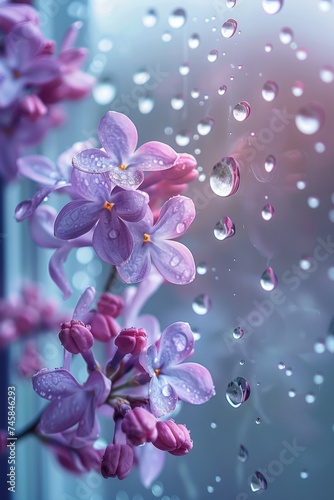  the spring essence in a delicate image featuring lilac flowers behind a wet window adorned with raindrops