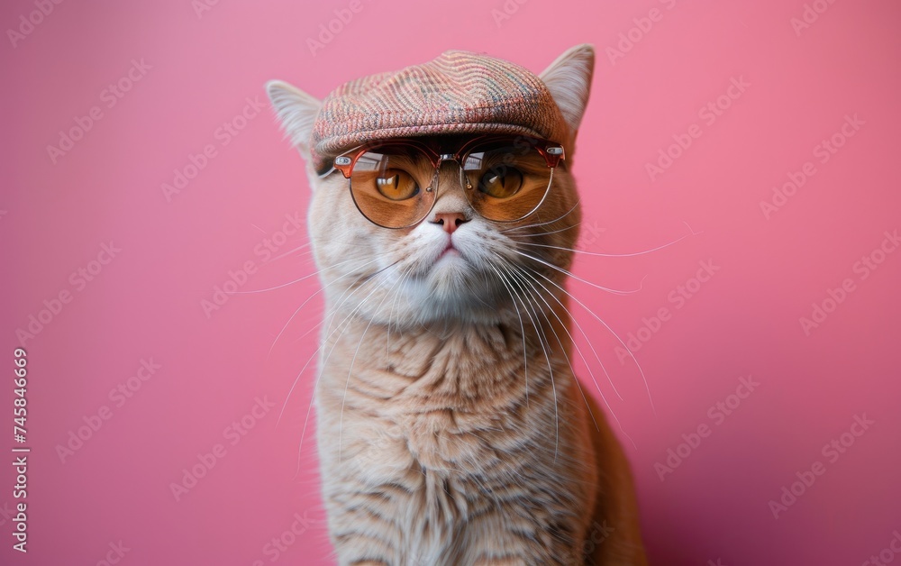 Domestic Shorthair cat with sunglasses and cap on a professional background