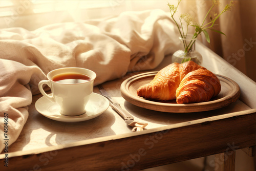 Cup of coffee and croissant on wooden tray in bed