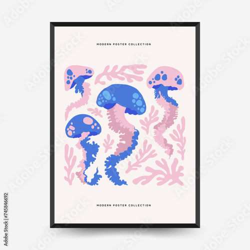Underwater world, ocean, sea, fish and shells vertical flyer or poster template. Modern trendy Matisse minimal style. Hand drawn design for wallpaper, wall decor, print.