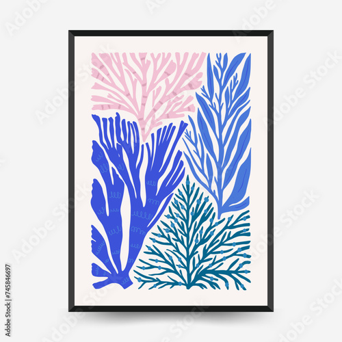 Underwater world, ocean, sea, fish and shells vertical flyer or poster template. Modern trendy Matisse minimal style. Hand drawn design for wallpaper, wall decor, print.