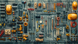 Flat Lay image of construction worker's tools design elements, Top view, and Knolling design, Generated by AI.