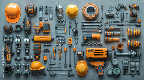 Knolling or Flat Lay image of various construction worker design elements, Top view, Generated by AI