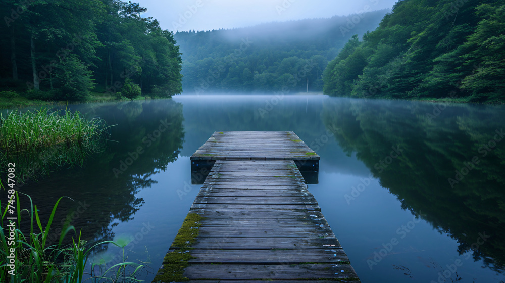 A serene lakeside at dawn, with mist hovering over the water.