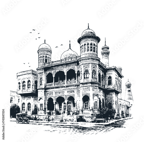 The old building in Cairo, Egypt. Black White vector Illustration.