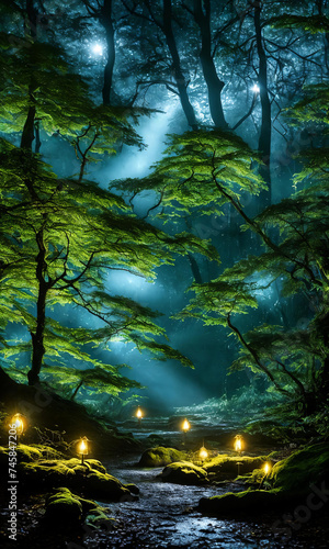 Moonlit Forest Glade. Amidst ancient trees  a moonbeam illuminates a hidden glade.