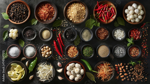 Flat lay or Knolling, elements designed with Thai food ingredients and spices, Generative AI