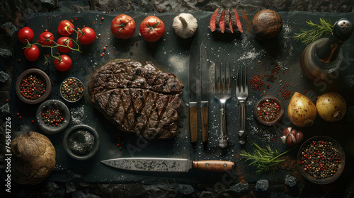 Knolling or Flat Lay image of various steak house's elements, Top view, Generated by AI