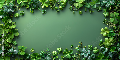 Green water clover leaves forming a frame with copy space on a water surface. St. Patrick's Day concept. Design for background, greeting card, invitation
