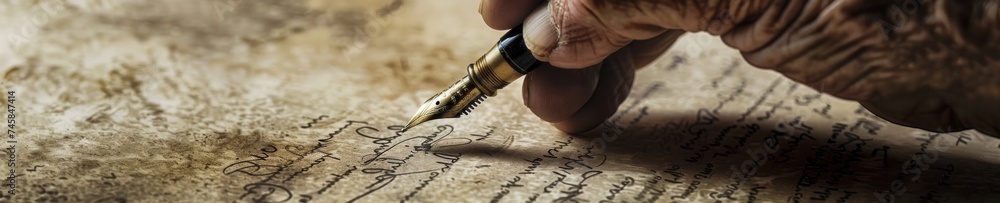 Artistic close up of elderly hand signing a historic document with a vintage fountain pen emphasizing the signature and the aged paper texture - obrazy, fototapety, plakaty 