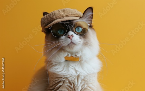 Ragdoll cat with sunglasses on a professional background