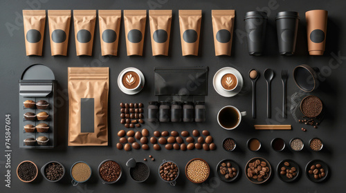 Knolling or Flat Lay shot of various coffee shop's equipment or elements, Top view, Generated by AI