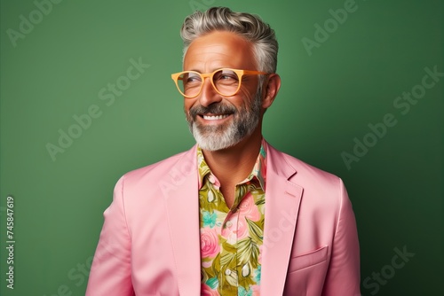 Portrait of a handsome senior man wearing pink suit and glasses.
