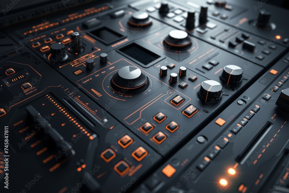 Illustrate a fresh vision of an audio control panel intertwined with the latest technology, adapted for illustrations and 3D animations, with a distinctive backdrop that speaks volume