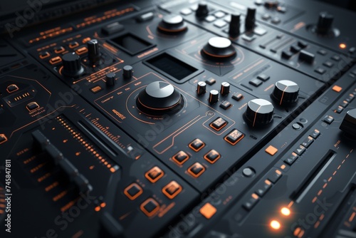 Illustrate a fresh vision of an audio control panel intertwined with the latest technology, adapted for illustrations and 3D animations, with a distinctive backdrop that speaks volume