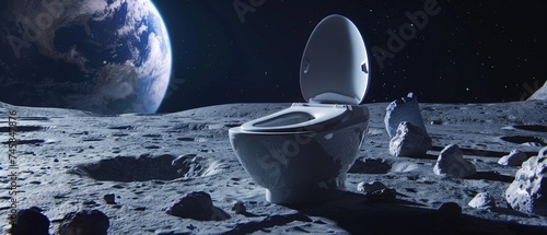Moon set toilet with a view of Earth in front of Apollo astronaut en route a unique blend of space and humor photo