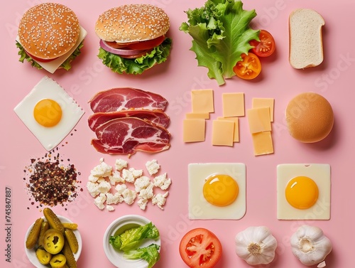 A well-organized flat lay photo of fresh ingredients for making a delicious classic hamburger, igniting appetite