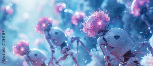 Nanotechnology in healthcare depicting nano robots performing cellular repair with a futuristic clinical aesthetic photo