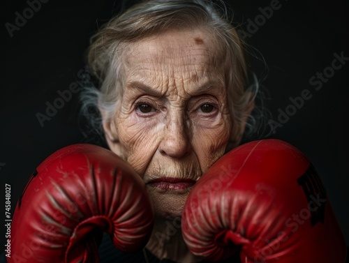 Senior womans face with boxing gloves expression of fierce determination soft focus