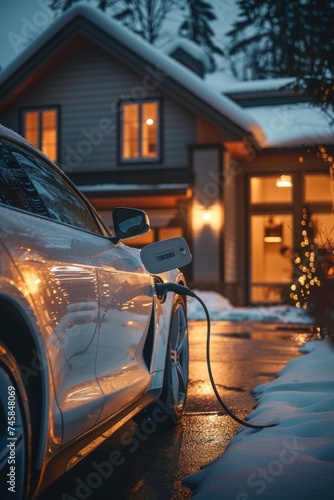 Sleek electric car charging in a cozy home driveway evening setting future forward theme photo