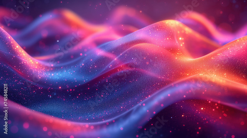 Shiny Surface of Abstract Waves Red Orange Blue and Purple Particles
