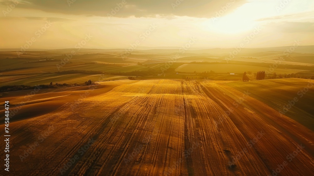 Sunset Over Golden Harvest Fields with Shadows and Light Patterns Sunset Over Golden Harvest Fields with Shadows and Light Patterns