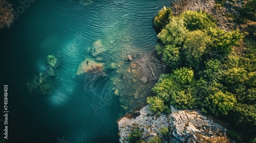 Overhead Shot of Vibrant Autumnal Trees and Turquoise River in a Mystical Landscape © pkproject