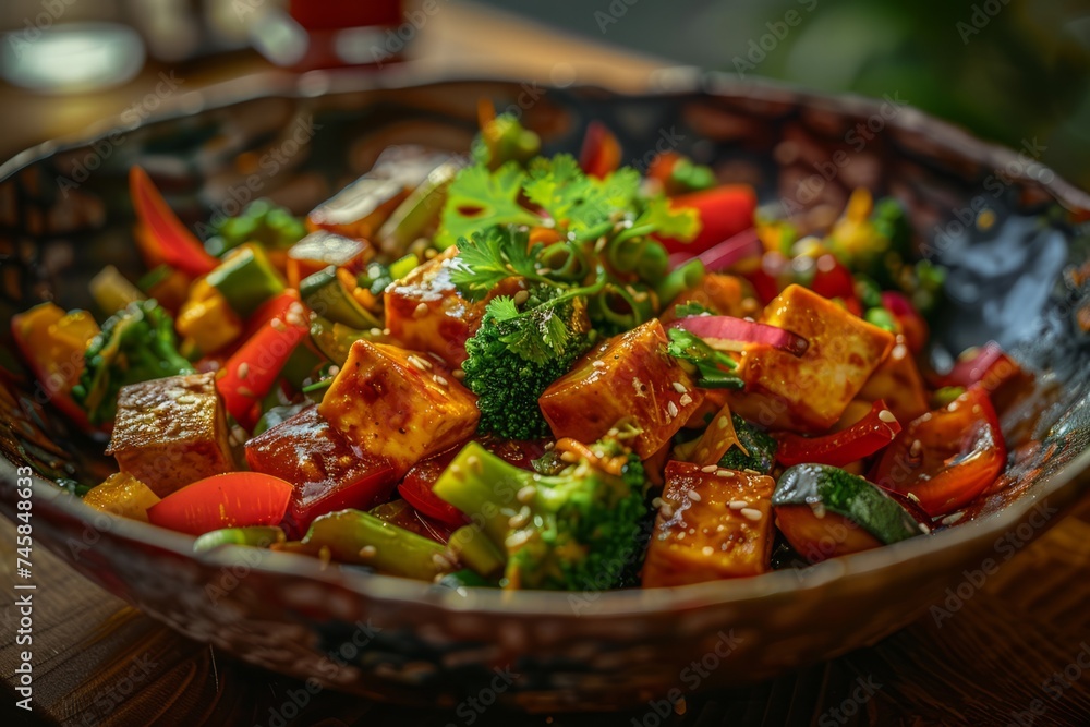 Vegetable Stir-Fry with Tofu: Colorful medley of crunchy vegetables and marinated tofu, stir-fried to perfection in a savory soy sauce-based glaze Vegetable Stir-Fry with Tofu: Colorful medley of crunchy vegetables and marinated tofu, stir-fried to perfection in a savory soy sauce-based glaze
