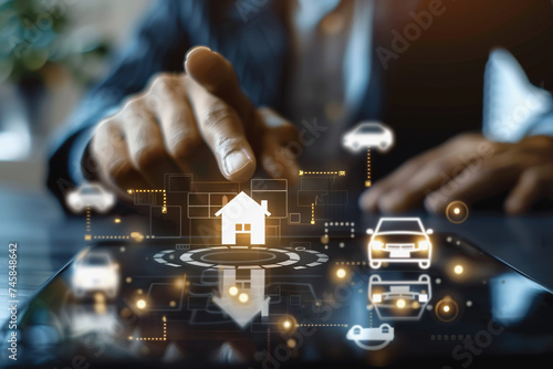 Businessman's hand pointing at icons of house, car, financial, digital graphic concept. AI Generated