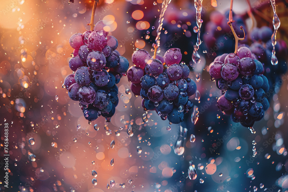 A colorful backdrop has grape chunks floating in the air. water drops splash. AI Generated - obrazy, fototapety, plakaty 