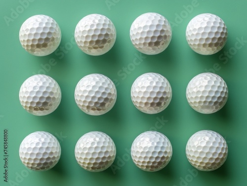 A clean and symmetrical arrangement of white golf balls neatly ordered on a green background showing uniformity and precision