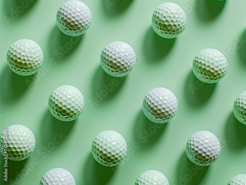 A repetitive pattern of white golf balls arranged on textured green backdrop showcasing the sport of golf