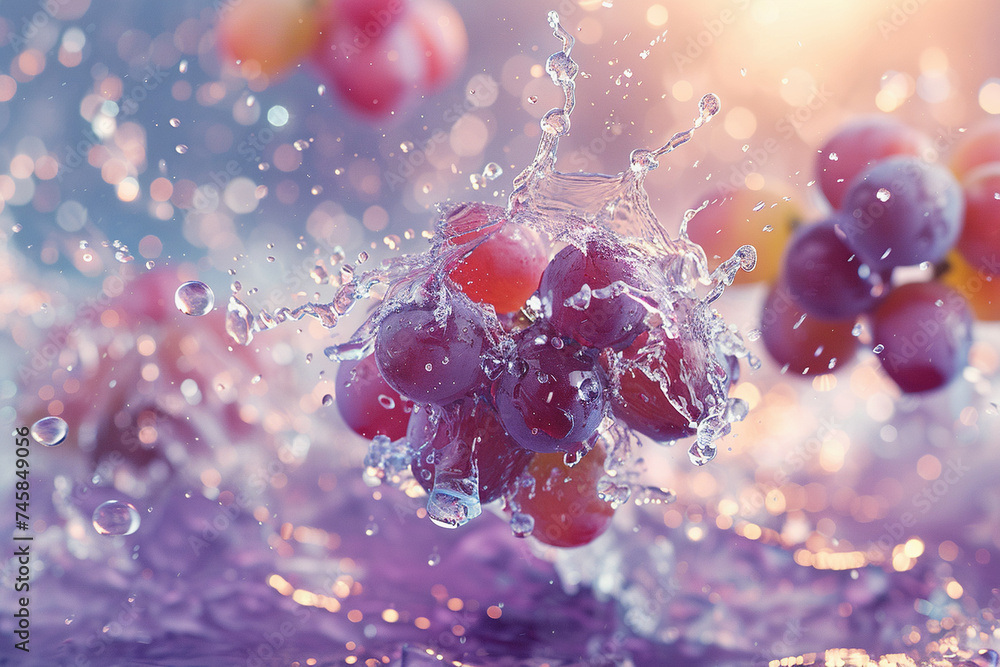 A colorful backdrop has grape chunks floating in the air. water drops splash. AI Generated - obrazy, fototapety, plakaty 