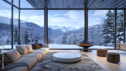 Luxurious living room with a warm fireplace and snowfall view.