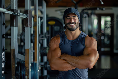 Portrait of muscular men smiling, standing confident with crossed his arms in a gym