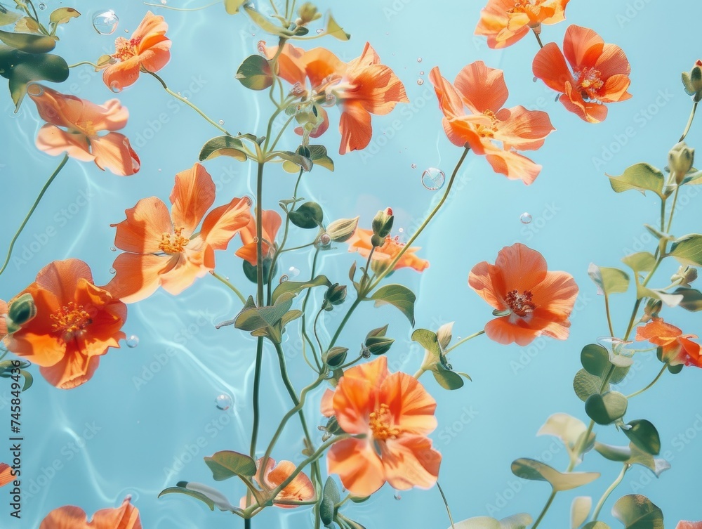 Vivid orange flowers float gracefully under water, creating a calming and serene underwater image Vivid orange flowers float gracefully under water, creating a calming and serene underwater image