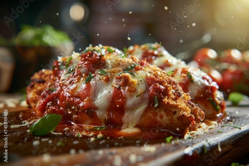 Crispy Chicken Parmesan: Juicy chicken breasts coated in seasoned breadcrumbs, smothered in tangy marinara sauce photo