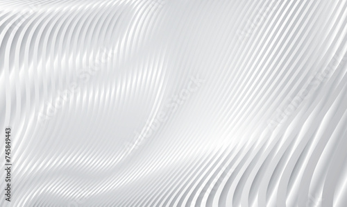 Metallic abstract wavy stripes background. Shiny metal striped surface. Abstract futuristic white silver architecture background. Modern design with wavy pattern. Futuristic interior concept. Vector.