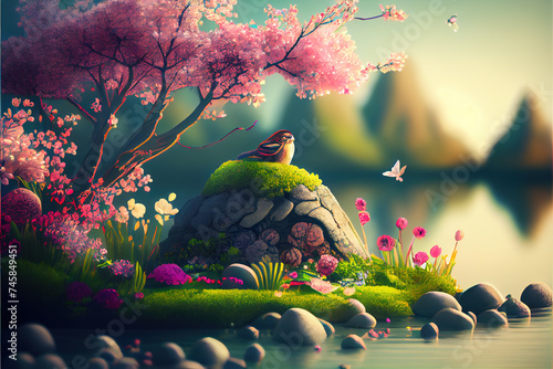 Spring out cherry blossoms background, ai render. photo