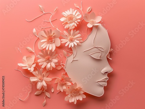 A striking piece of art displaying a three-dimensional paper silhouette of a face with peach blooms on a soft pink background © Glittering Humanity