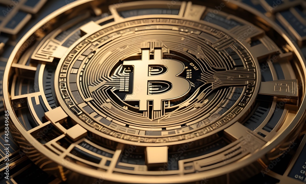 A Bitcoin coin is elegantly enclosed within interlocking golden rings, illustrating the interconnected nature of the cryptocurrency world. AI Generative