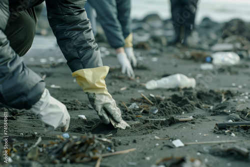 volunteer cleaning up plastic litter in beach or urban environments, hand close-up, Volunteer-Led Eco-Cleanup for a Sustainable Future – Beach & Urban Environments, Close-Up of Hands Tackling Plastic 