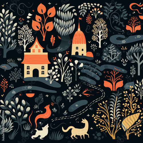 pattern with flowers, forest, animals