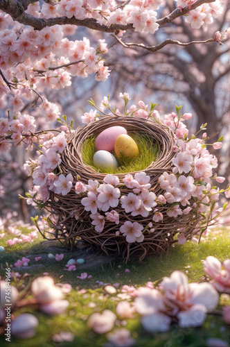 Nest with Easter eggs in a magical spring garden with flowering trees, Easter background